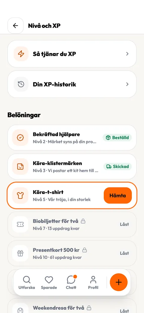 Belöningar i Köra-appen på nivå 5: märket Bekräftad hjälpare beställt, klistermärkena skickade, Köra-t-shirten redo att hämtas och biobiljetterna låsta till nivå 7.