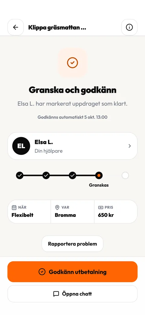 Uppdragsgivarens vy i Köra-appen: hjälparen har markerat uppdraget som klart, och knappen Godkänn utbetalning släpper pengarna.
