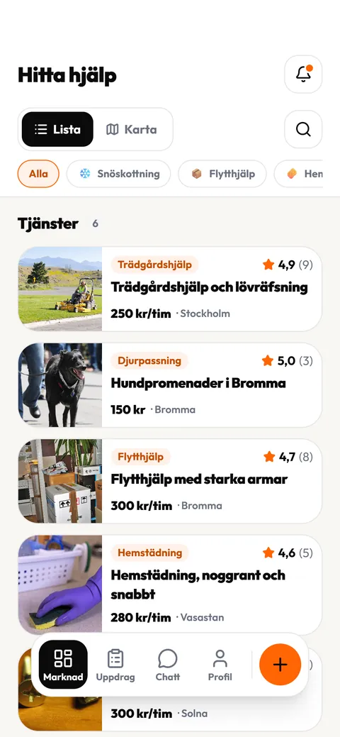 Hitta hjälp i Köra-appen: tjänster från hjälpare i Stockholm, bland annat trädgårdshjälp för 250 kr i timmen, hundpromenader i Bromma och hemstädning i Vasastan.