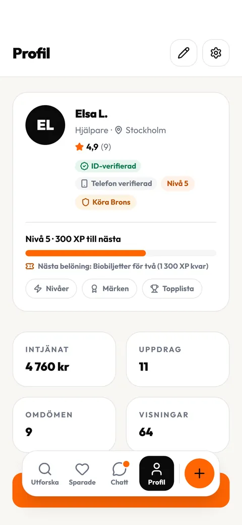 Profilkortet i Köra-appen för hjälparen Elsa L.: betyg 4,9, ID-verifierad, telefon verifierad, nivå 5 och märket Köra Brons.