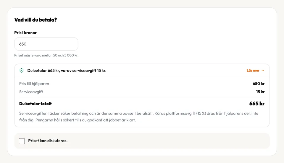 Prissteget när du lägger upp ett uppdrag på kora.nu: pris till hjälparen 650 kr, serviceavgift 15 kr och totalt 665 kr, med förklaringen att Köras avgift på 15 procent dras från hjälparens del.